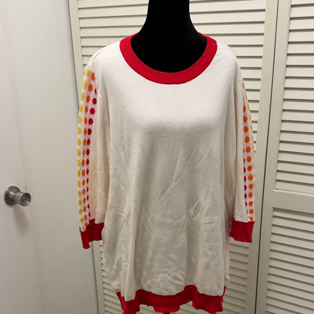Modcloth Cream Sweater with Red Trim. 3/4 sleeve. - Picture 3 of 9